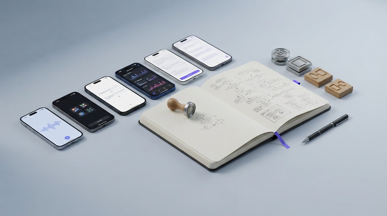 En åben notesbog på et skrivebord med skabelon-stempler og en række telefoner med forskellige AI-apps, der alle peger mod bogen.