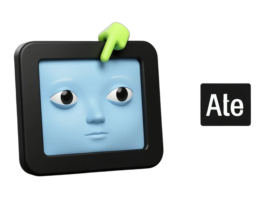 A solid photo frame containing a stylized face whose two eyes are closed lids, while one bright tap-arrow cursor touches the frame and the eyes morph into open almond shapes with p