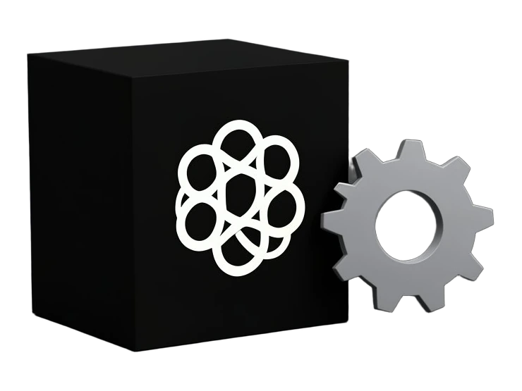 A large dark solid cube carrying the black-and-white interwoven six-loop OpenAI Blossom symbol on its front face. A small solid grey gear, a standalone automation tool, is being pu