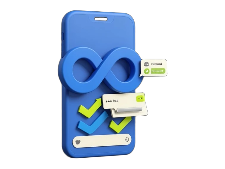 The Meta blue infinity-loop symbol appears on a solid phone-shaped panel showing a chat-style input bar where typed preference words flow as solid arrow shapes into a stack of feed