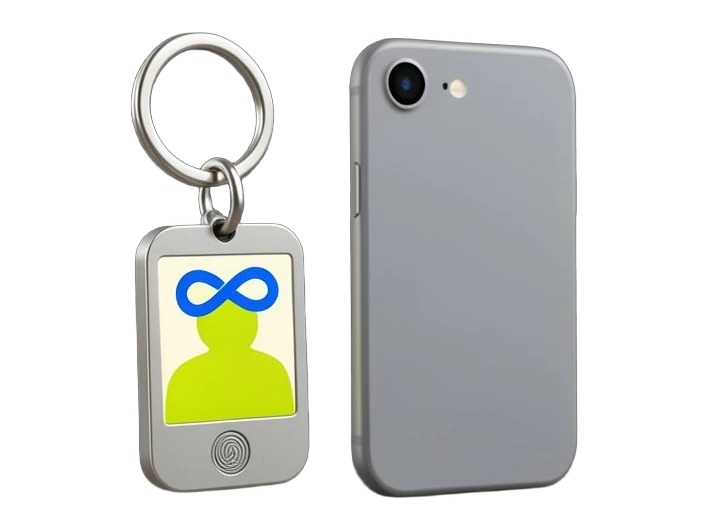 A small solid keychain pendant with Meta's blue infinity-loop mark on its face, a thick screen panel showing a simple abstract avatar shape, and a round fingerprint sensor disc on 