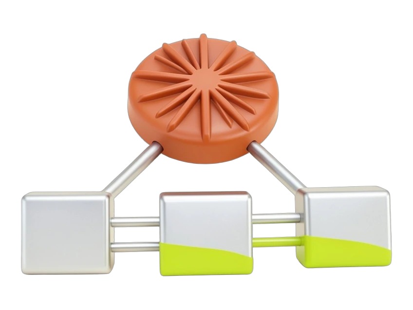 A solid coordinator disc bearing Claude's warm terracotta many-rayed asterisk starburst sits above three parallel lanes. Each lane holds a squared agent block running beside a fork