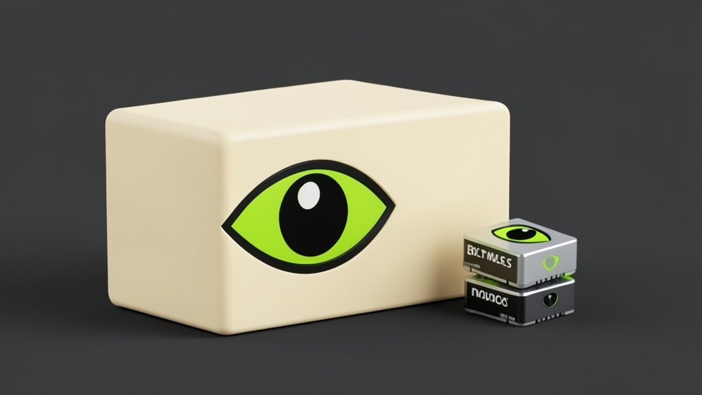 Nvidia's intact green-and-black eye logo sits on a large solid server module representing the 120-billion-parameter Nemotron 3.5 Super VL, next to two much smaller stacked chips re