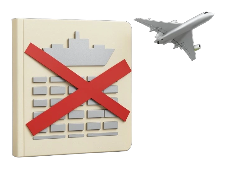 A heavy paper intelligence dossier shown as a solid slab: on its cover sits a bulky cargo-ship silhouette above rows of blocky manifest glyph lines, with a thick red cancellation b