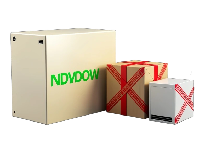 A solid server chassis block with the intact NVIDIA green wordmark on its front panel, and a thick sealed shipping crate beside it wrapped in a crossed red customs stamp band, with