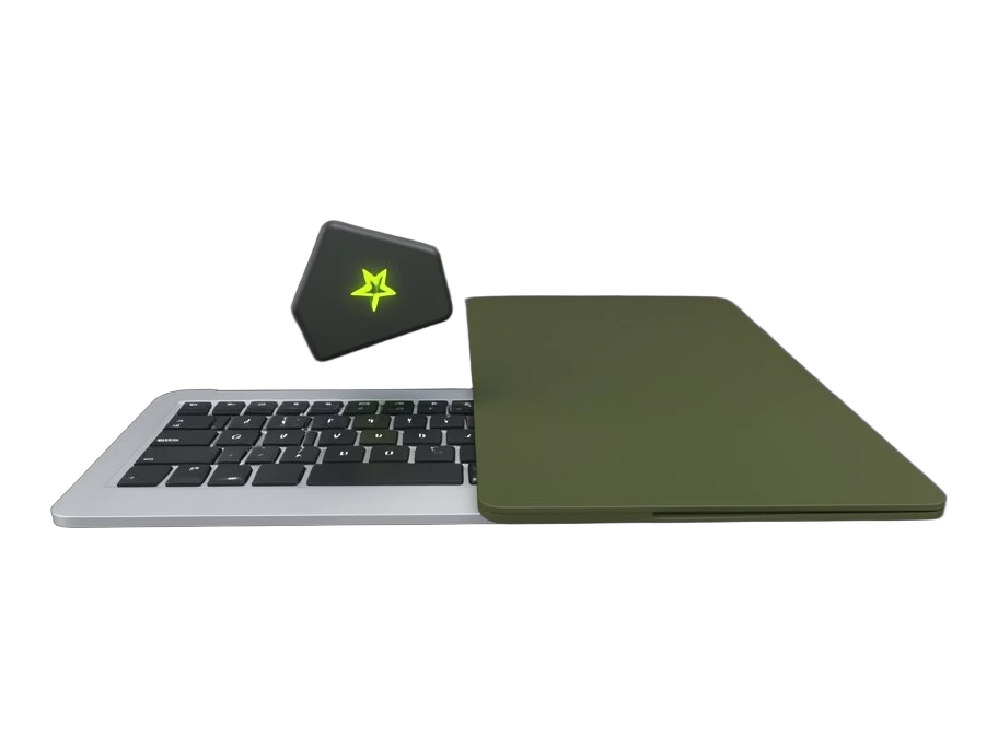 A solid computer keyboard key labeled with a single glowing abstract spark icon stands separate beside a closed laptop lid; no text, no logo. The spark key hovers slightly above th
