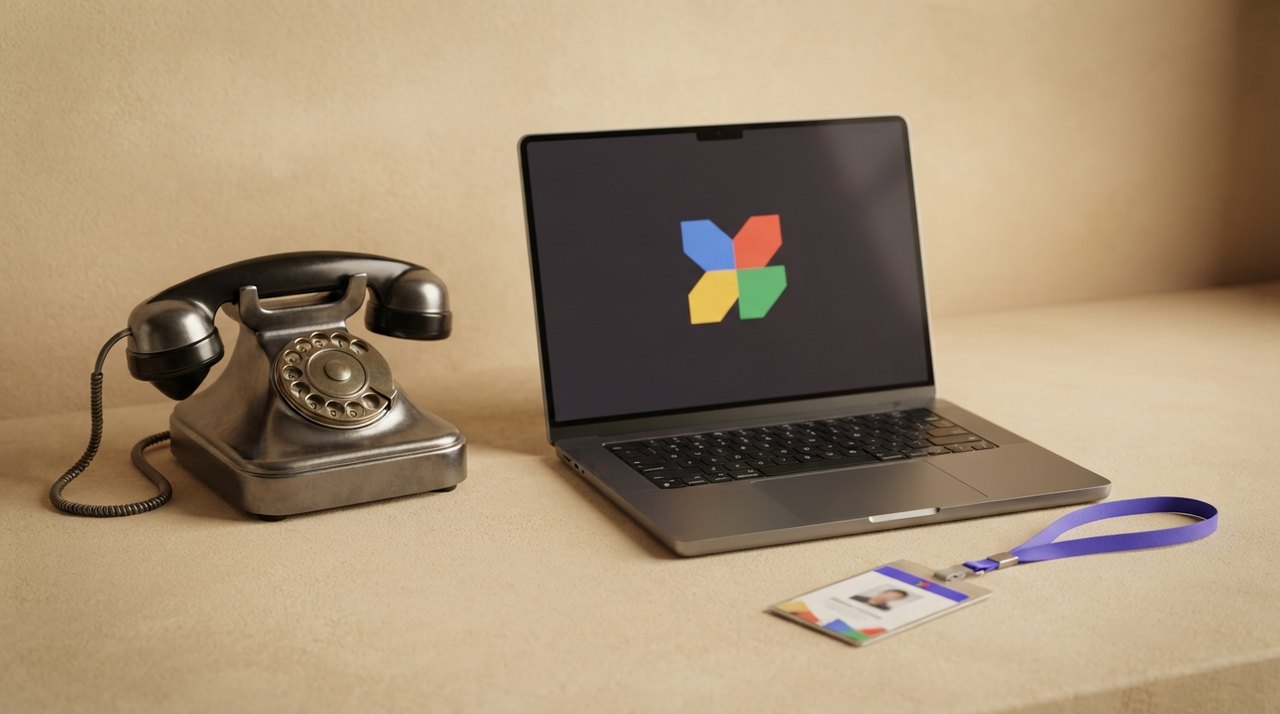 En fastnettelefon, et firmabadge og en åben bærbar computer med et logo.