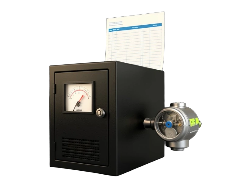 A solid dark datacenter server cabinet stands at centre with a rectangular utility meter panel fixed front-on to its door showing a needle dial, and a second cylindrical water mete
