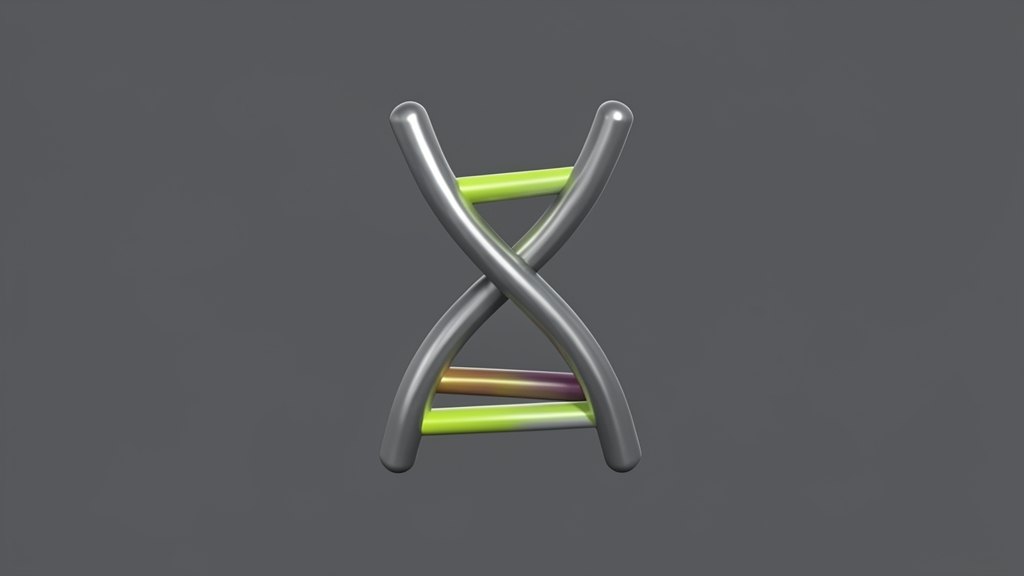 A chunky DNA double helix built from two thick solid rods joined by colored rungs; one rung lies beside it, swapped for a differently shaped rung, marking a single-letter change.