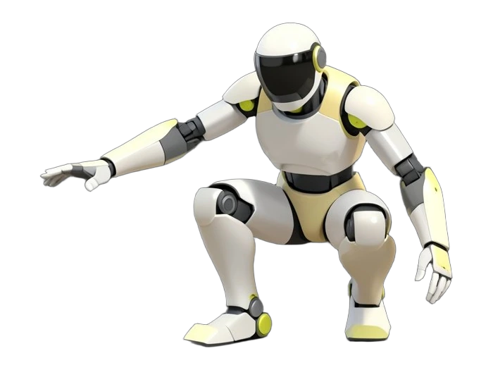 A bipedal humanoid robot with a dark visor and white-and-grey panelled limbs, caught mid-crouch as it lowers itself to sit: knees folded, hips dropping, one arm stretched forward w