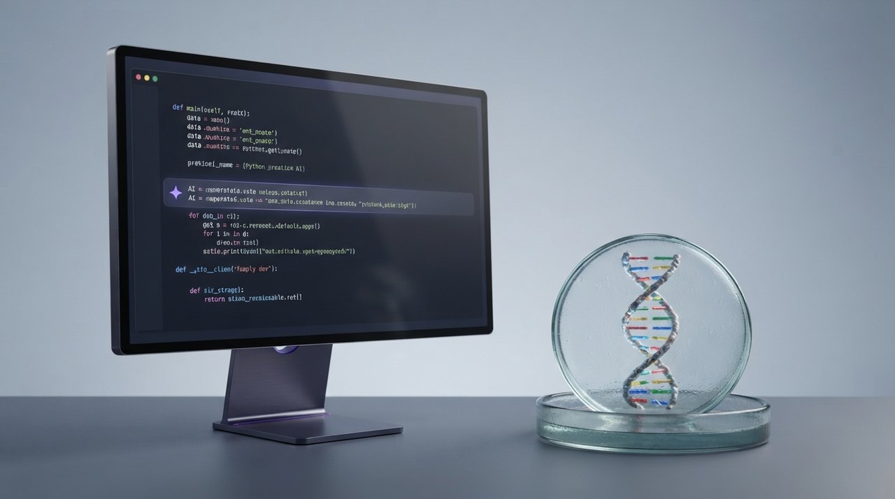 En bunke mikroskopobjektglas ved siden af en computer med en kodeeditor åben og en grafisk AI-dashboard på skærmen.
