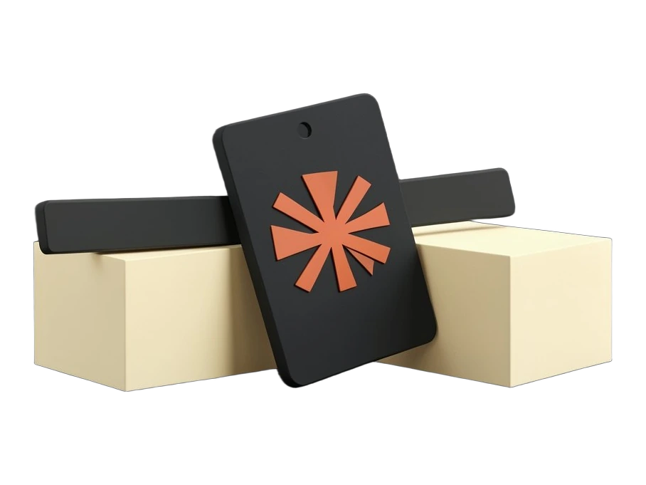 A tall solid dark supplier badge showing Anthropic's terracotta many-rayed starburst mark, sliding out from a row of three identical plain blocks, while a thick flat bar clamps shu