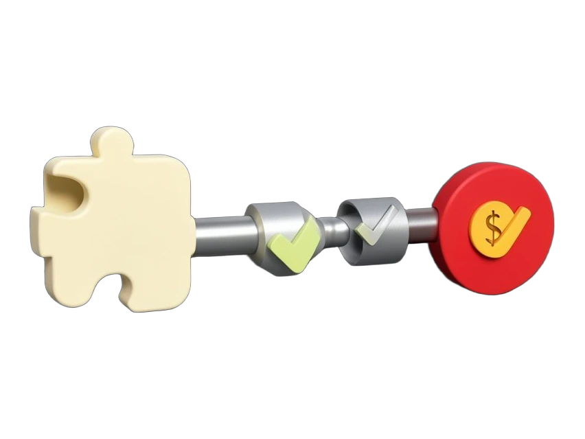 A solid workflow pipeline splits at a decision gate; an AI token enters a branch missing a puzzle-shaped context block and hits a red dead-end with a coin cost icon. A fitted conte