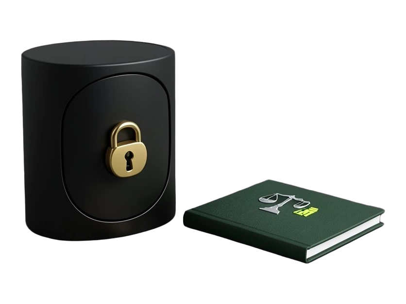 An opaque, sealed black test vault with a heavy brass padlock stands upright; a solid AI processor chip faces it and is blocked by the locked door. Beside the vault, a closed folde