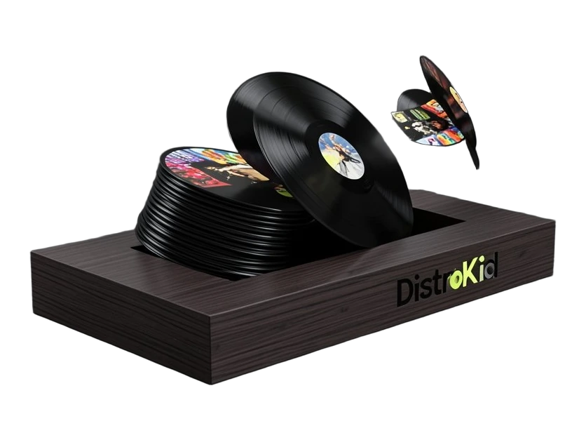 A stack of solid vinyl records sliding off a tilted rectangular shelf platform toward a gap, with a DistroKid wordmark logo on the shelf edge, one record falling away from the othe