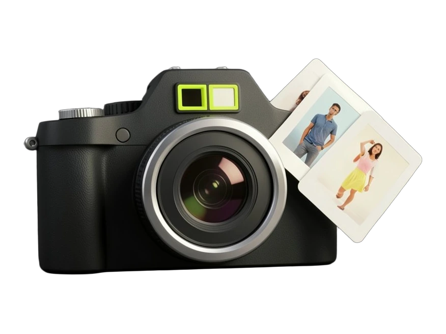 A thick solid camera body with a large round lens, its rear viewfinder divided into four equal square frames with only one frame highlighted, and four small solid photo cards fanni