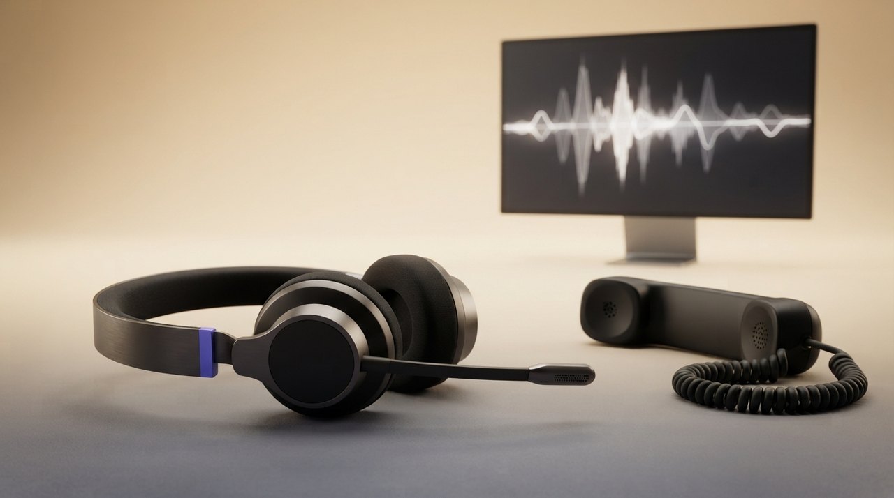 Et headset liggende på et bord med en telefonrør ved siden af, og en skærm i baggrunden der viser bølgeformer fra tale.