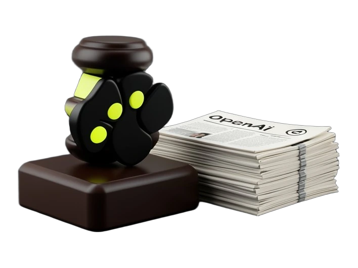 The OpenAI Blossom symbol in black on a solid courthouse gavel block, beside a thick stack of newspaper shapes representing local publications, one newspaper stamped with a copyrig