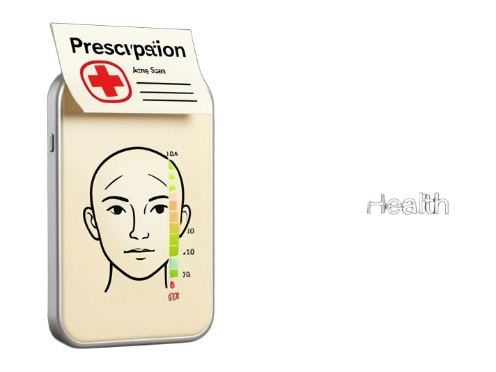 A solid smartphone-shaped panel showing an acne severity scan bracket over a face outline, with a prescription pad shape emerging from it and a medical cross stamp indicating docto