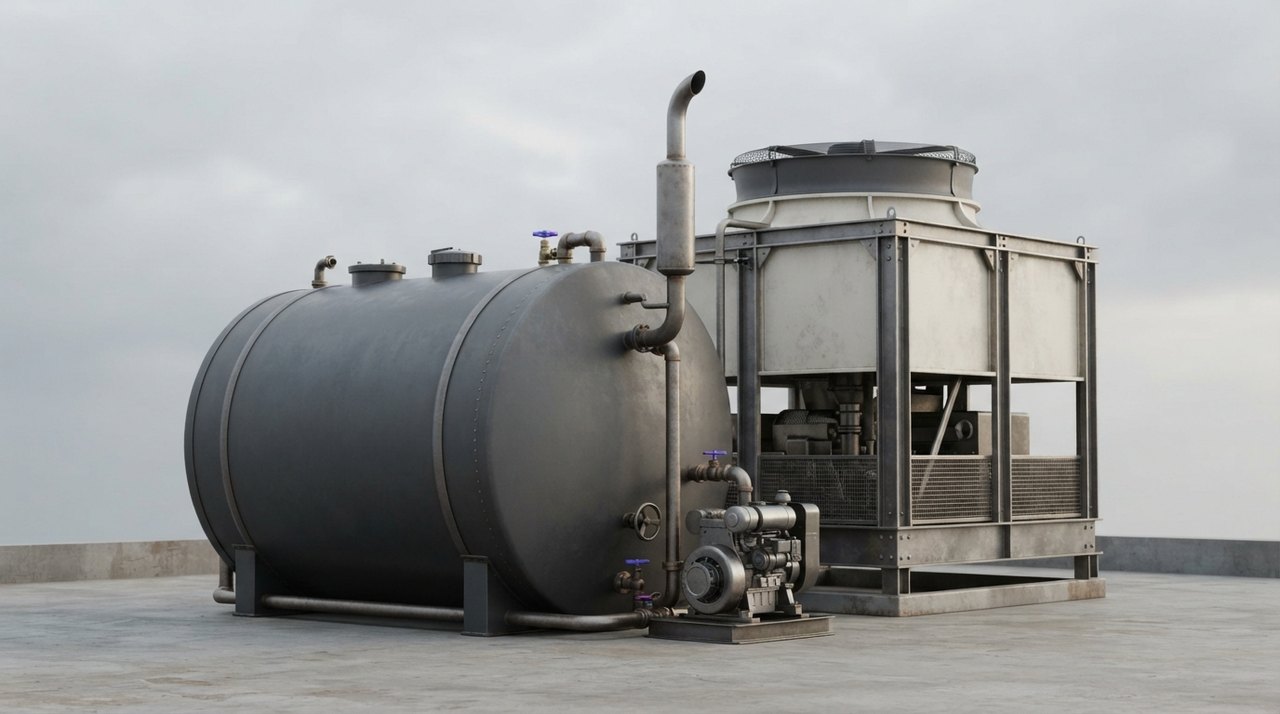 En enorm dieseltank på en tagterrasse med udstødningsrør, ved siden af et stort køletårn, overskyet himmel.