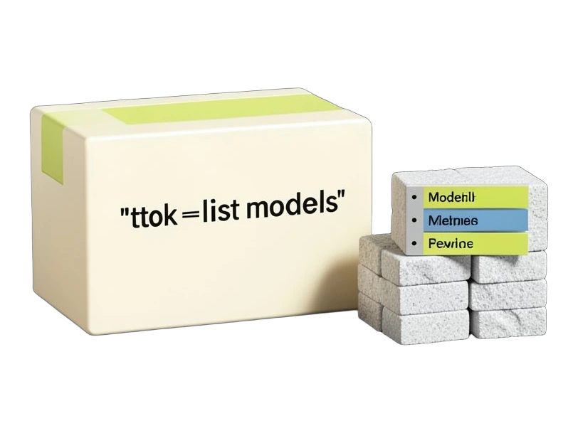 A solid command-line terminal block shows the text 'ttok --list-models' on its opaque front face, next to a stack of small square token blocks and a bulleted list panel with severa