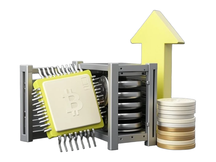 A solid inference-chip module in the foreground overlapping a repurposed bitcoin-mining rig, a thick upward funding arrow rising from a stack of blank coin tokens beside it, compac