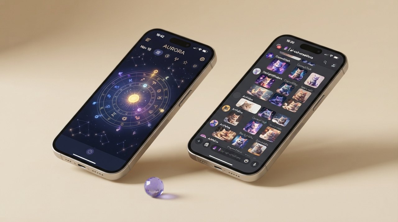 En iPhone med en åben astrologi-app ved siden af en lukket Discord-chat fuld af AI-billeder af katte.