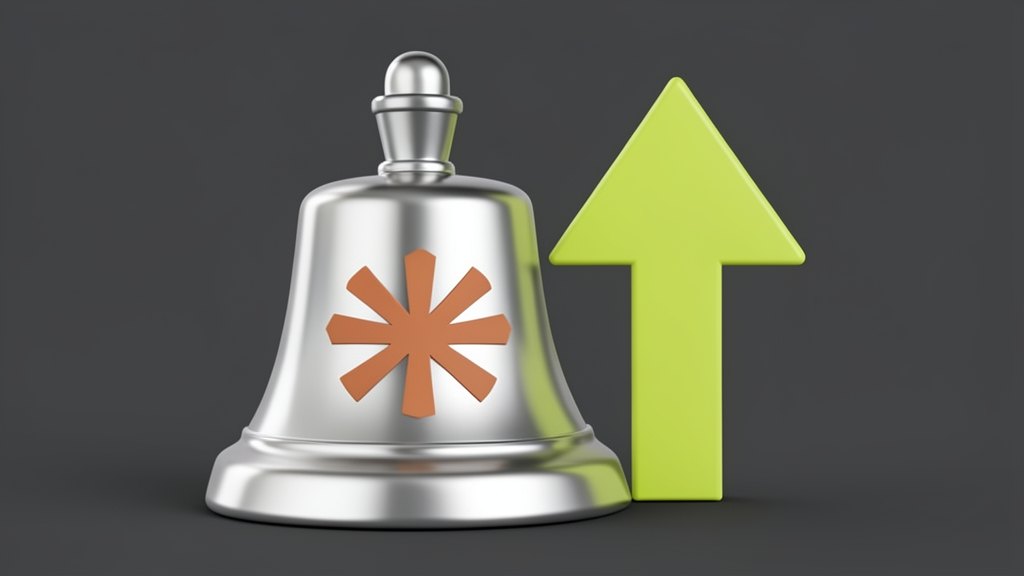 A solid polished stock-exchange bell, its front face bearing Claude's warm terracotta many-rayed asterisk emblem, standing beside a thick solid upward-pointing arrow, the bell's cl