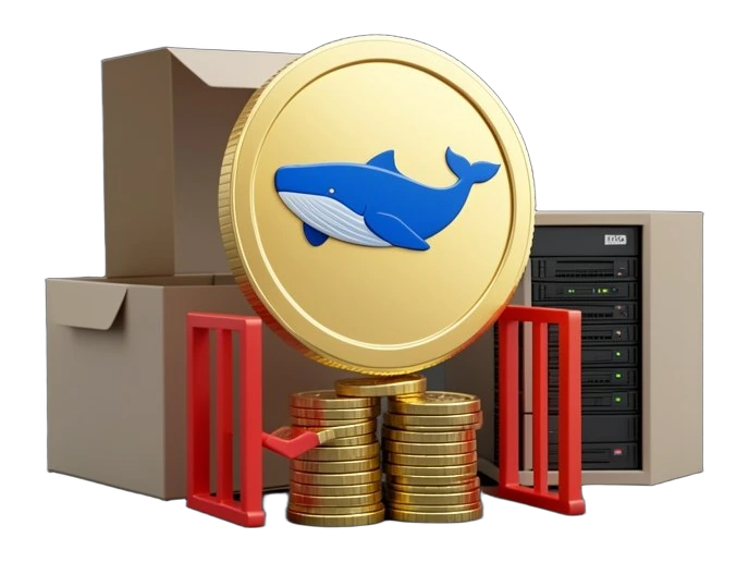 A large gold funding coin carries DeepSeek's blue whale silhouette, rising above an open stack of coins while pushing through a red barred gate, bending one bar aside. Behind it, a
