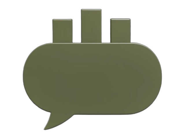 A thick solid speech bubble with three solid bar-chart columns rising from its top