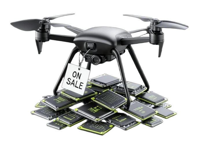 En drone med et prisskilt fastgjort til landingsstellet, der lander på en bunke af data-chips