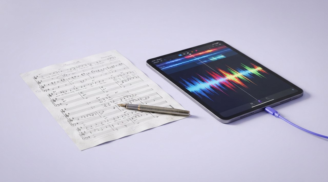 Et hvidt nodeark med håndskrevne tekster og en tablet med en farverig bølgeform, der viser lydspor.