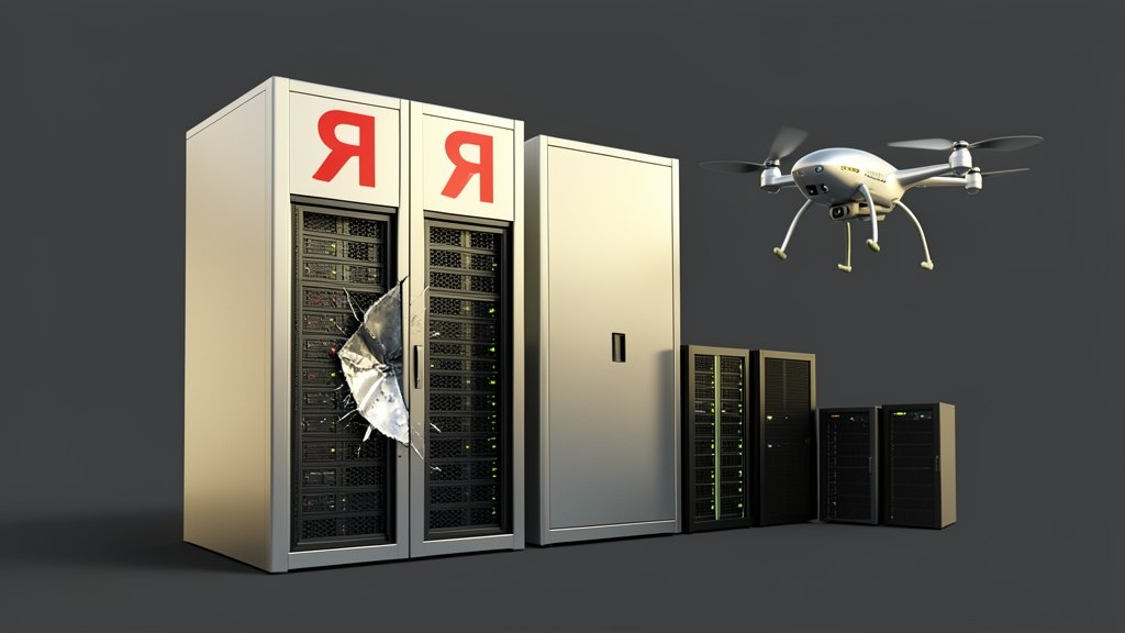 Two solid data-centre server racks show the Yandex logo — the red letter 'Я' — front-facing on their upper panels, with a compact FP-1 drone shape angled toward the Kaluga facility