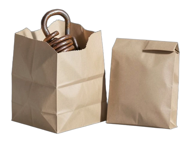 Three plain paper-wrapped parcels stacked, the top parcel torn open to reveal a coiled metal hook inside, one sealed parcel standing apart.