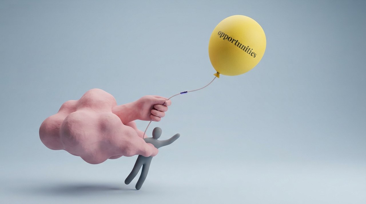 En gul ballon med teksten 'opportunities' svæver væk, mens en hånd i en lyserød sky med teksten 'shyness' holder en person tilbage.