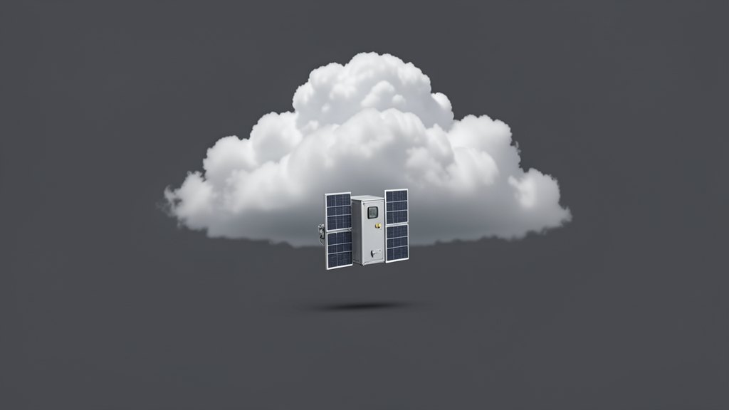 A small box-shaped satellite with two flat solar panels passes above a solid opaque cumulus cloud; one large raindrop falls from the cloud's underside.