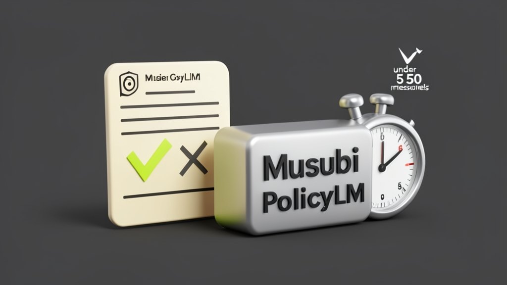 A policy document card written in plain English lines feeding through a solid classifier gate that outputs a single checkmark and cross, with a stopwatch showing under 50 milliseco