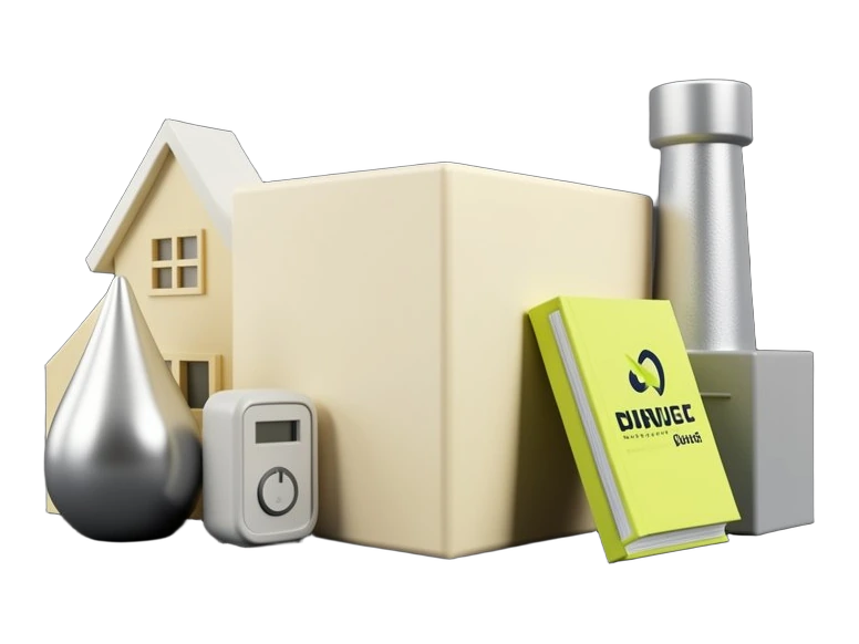 One large solid datacenter block surrounded by mismatched solid shapes gathered close around it: a gabled house, a water droplet, an electricity meter and a factory chimney, each a