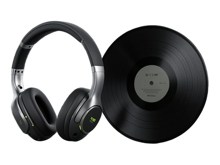 A pair of solid over-ear headphones beside a single thick opaque vinyl record standing upright