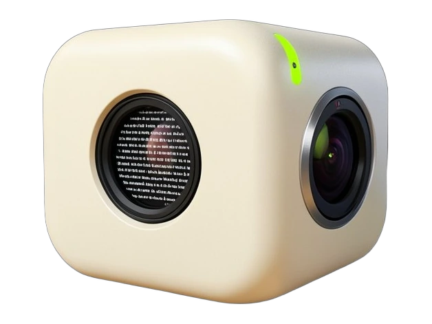A compact Apple home camera as a solid rounded cube with a front-facing Apple logo occupying about a quarter of the frame width, its lens replaced by a page of crisp text lines ins