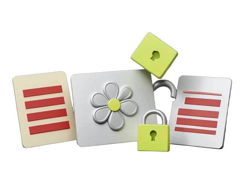 The OpenAI Blossom symbol sits on a solid card shaped like a departure badge, with three identical solid employee badges detaching and moving away from it, while a solid padlock bl