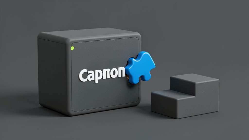 A solid dark grey game engine block marked on its front face with the Capcom name in bold white lettering, with a compact puzzle-piece shape in AI-blue sliding into a matching notc