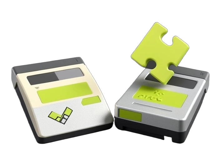 A solid game cartridge with a puzzle-shaped piece lifted out of it and reinserted into a second cartridge, showing AI decompiling a game's compiled code and recombining it into a n