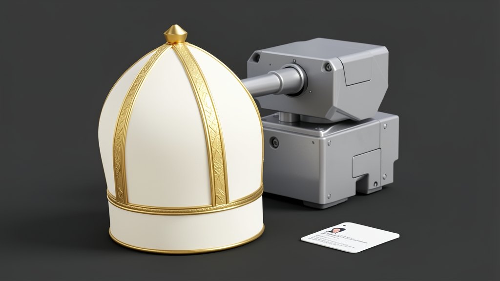 A solid white papal mitre with gold trim stands in front of a blocky autonomous weapon turret, halting its barrel; beside it, a small blank legal-person ID badge is turned face-dow