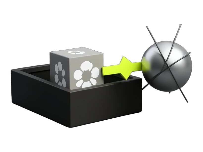 A solid dark sandbox box with a rectangular gap in its wall; inside rests a thick opaque cube bearing the white OpenAI Blossom symbol, and a bold arrow passes out through the gap t