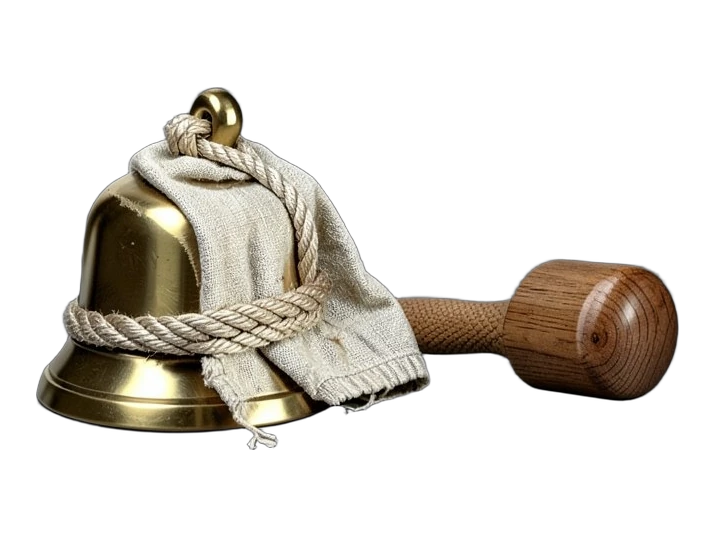 A polished brass exchange bell wrapped tightly in cloth and bound with thick rope, tipped on its side with a wooden mallet resting beside it, silent.