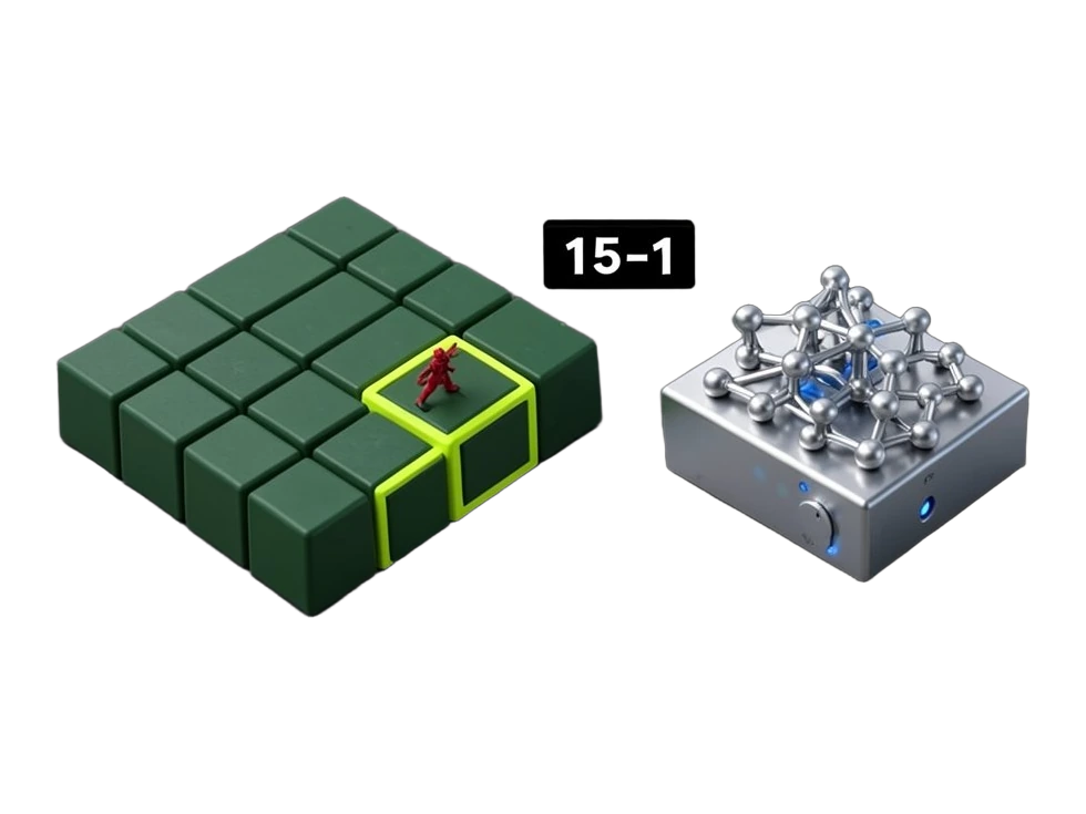 A grid of solid Stratego game tiles with hidden face-down backs faces a separate solid neural-network node cluster block, while one highlighted tile reveals a piece beneath it, sho