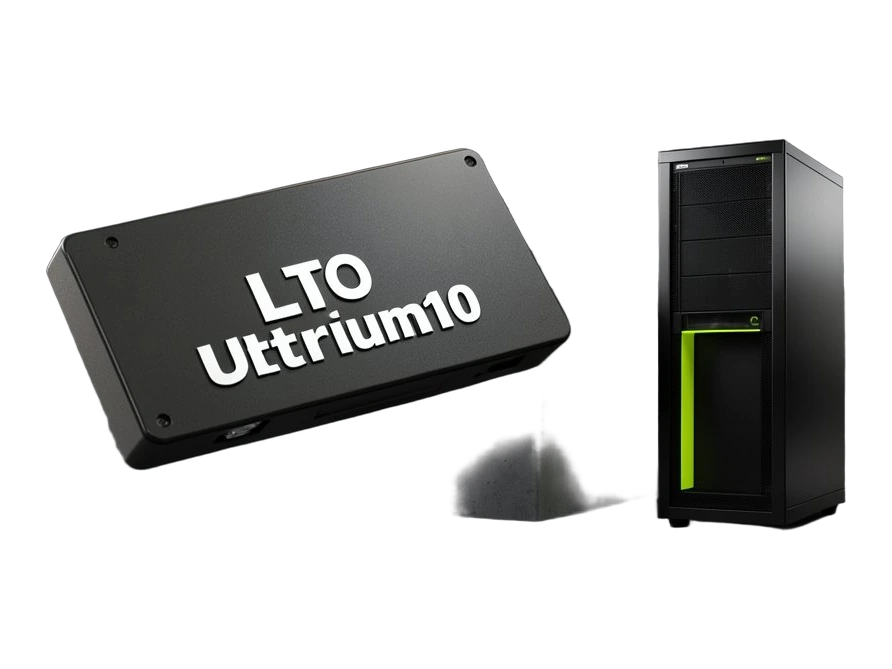A large solid LTO Ultrium10 tape cartridge floats in front of a compact factory block; a server rack beside it has an empty tape slot, and the cartridge is much larger than the fac