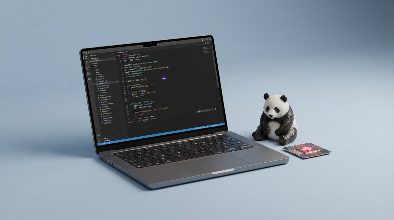 En åben laptop med kode på skærmen, ved siden af en lille kinapanda-figur og en chip med et rødt overførselsikon.