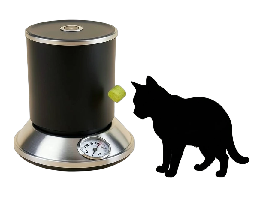 A tabletop automatic pet feeder with a tall solid kibble hopper, a thick-rimmed bowl sitting on a flat weighing plate with a bold round weight gauge beneath it, and a round camera 